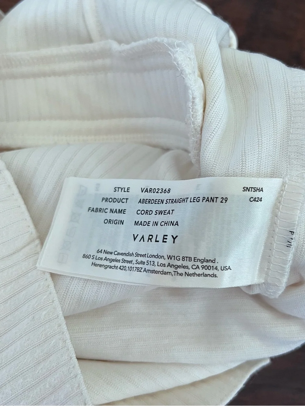 Varley Aberdeen Cord Sweat Straight Leg Pants Ivory Small